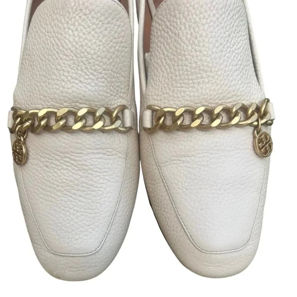 Tory Burch Mini Benton Charm Loafers Dulce De Leche Leather Gold Chain 8M